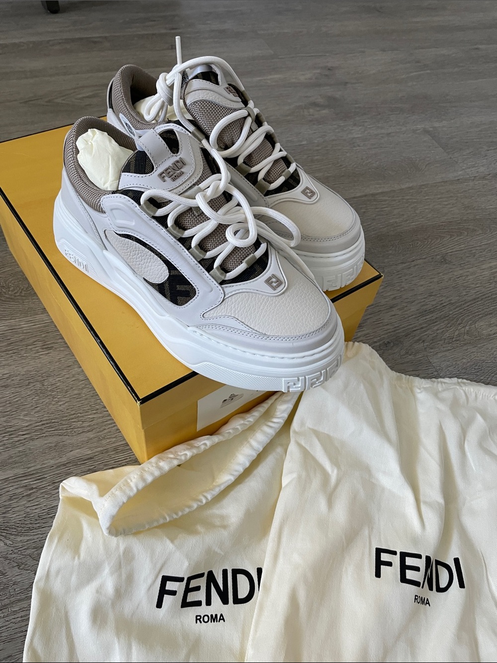 Fendi Force White and Taupe Men’s  Leather Sneakers